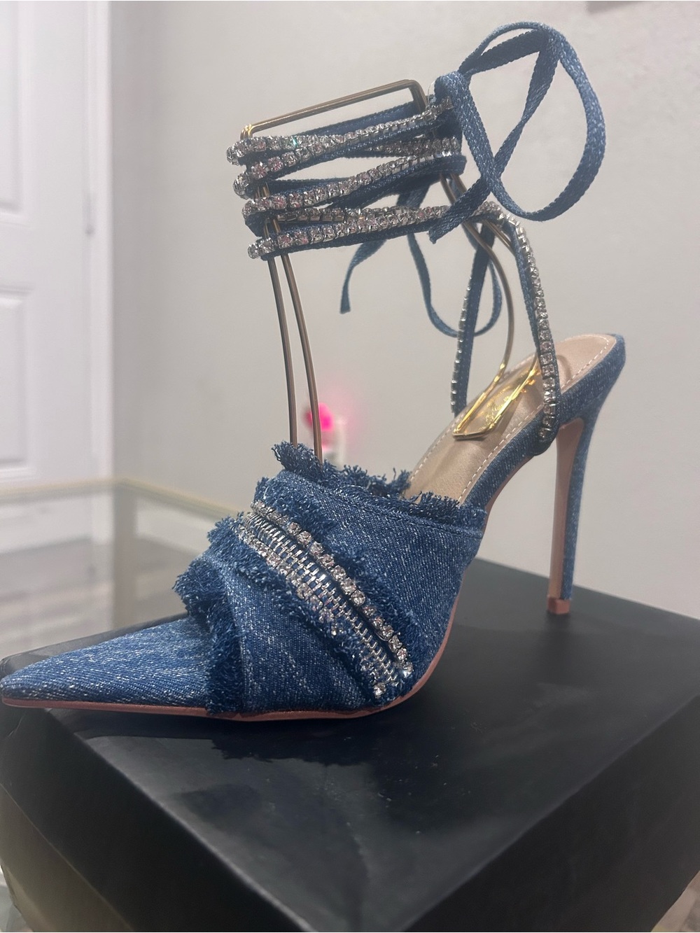 EGO Denim Pointed Toe Crystal-Ankle Lace Stiletto - Blue